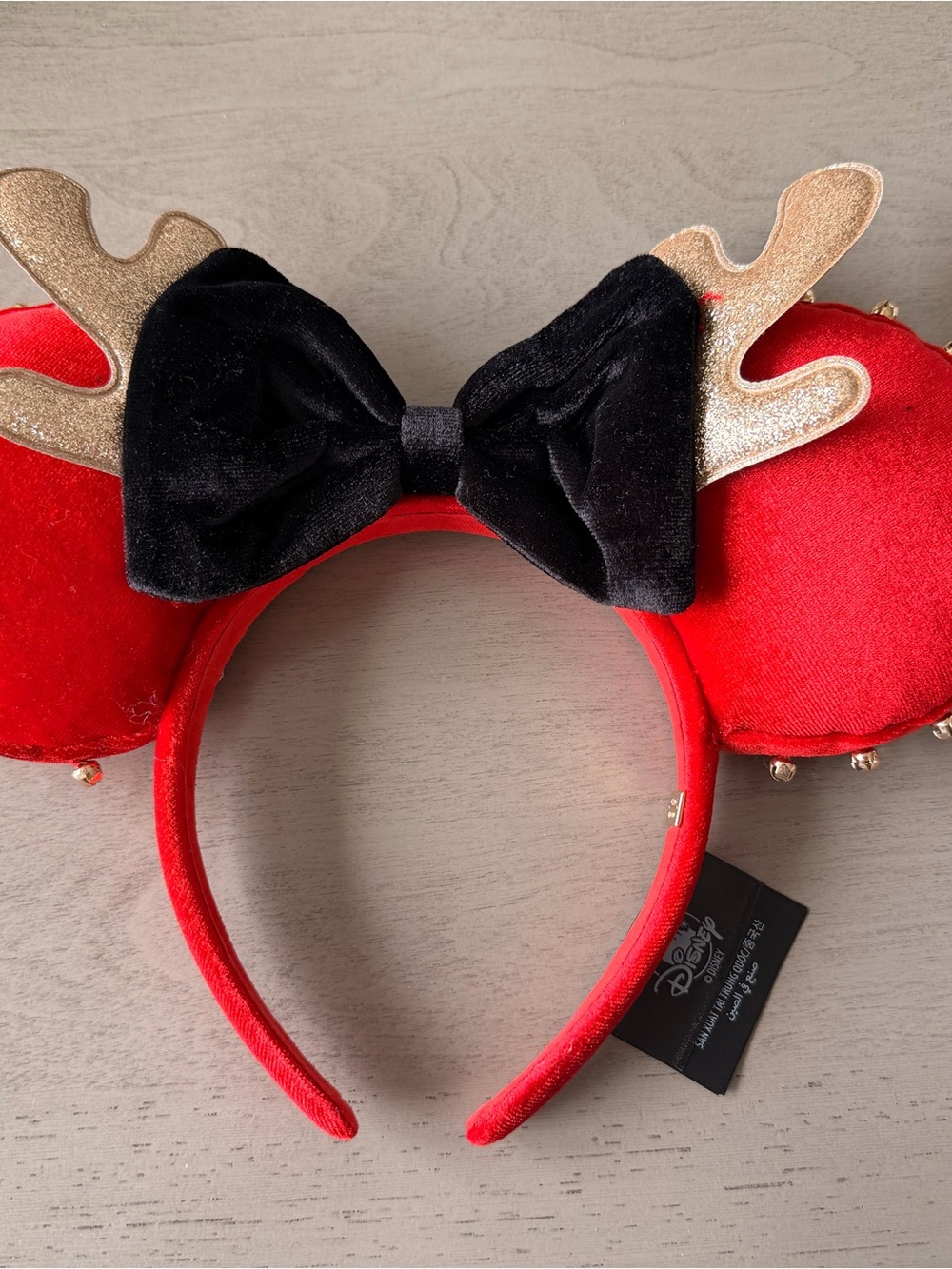 Disney Red Minnie Ear Headband with Gold Antlers and Black Bow